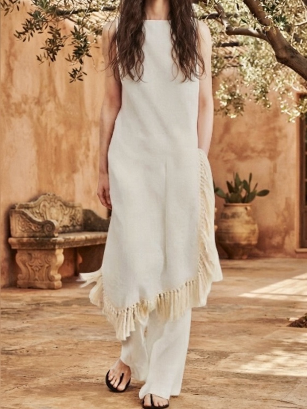 Zara NWT 100% linen white & cream Fringe hem Midi tunic Dress - Picture 7 of 16